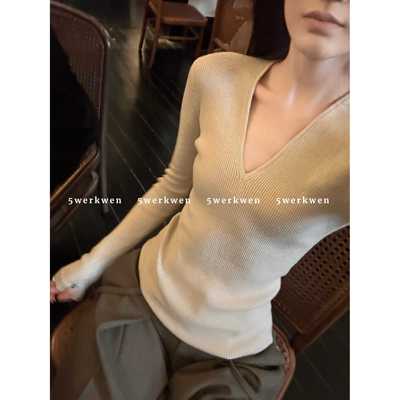 5werkwen 奶茶色V领针织衫春夏修身显瘦百搭打底衫气质长袖上衣