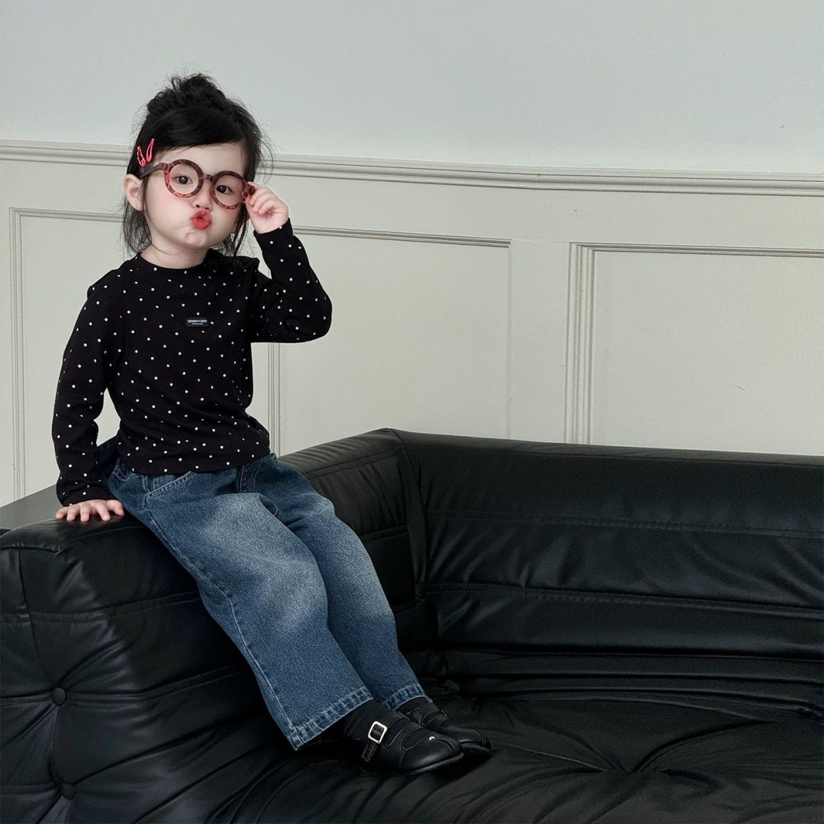 女童内搭打底衫秋季新款宝宝洋气波点黑色长袖t恤上衣潮童装T