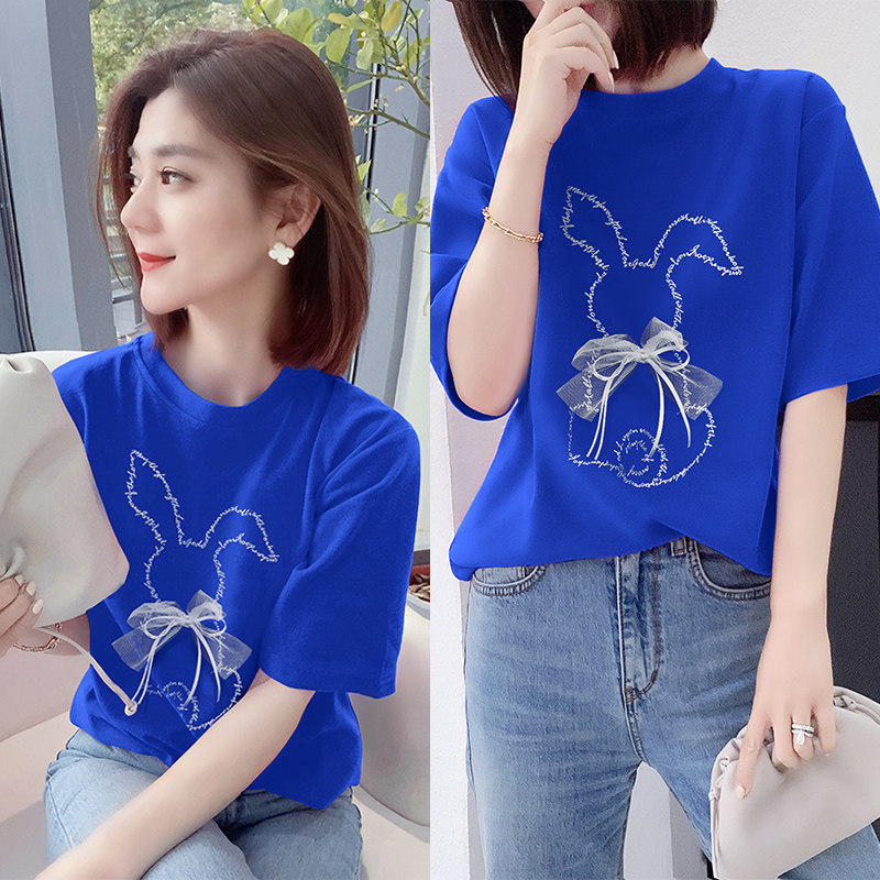 欧洲站2020新款夏装欧货高端时髦蓝色卡通印花T恤女短袖宽松上衣