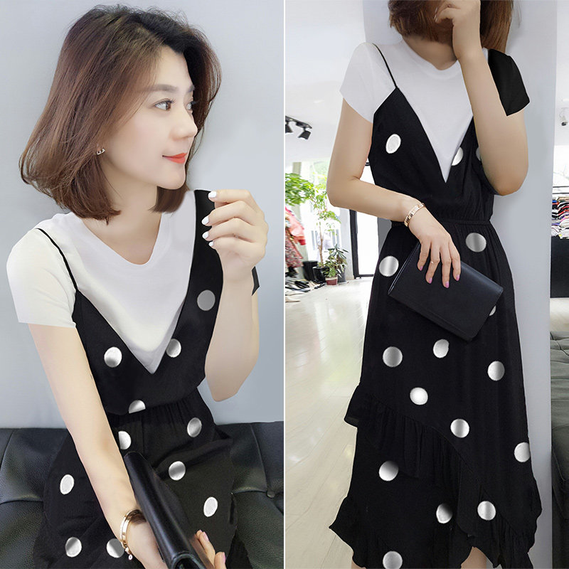 短袖连衣裙2020新款夏天欧洲站女装假两件雪纺拼接波点中长款裙子