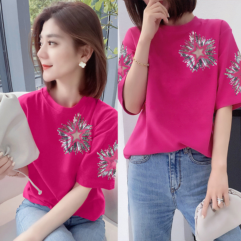 欧洲站2020年新款夏装欧货潮夏天玫红色重工短袖t恤女宽松小心机