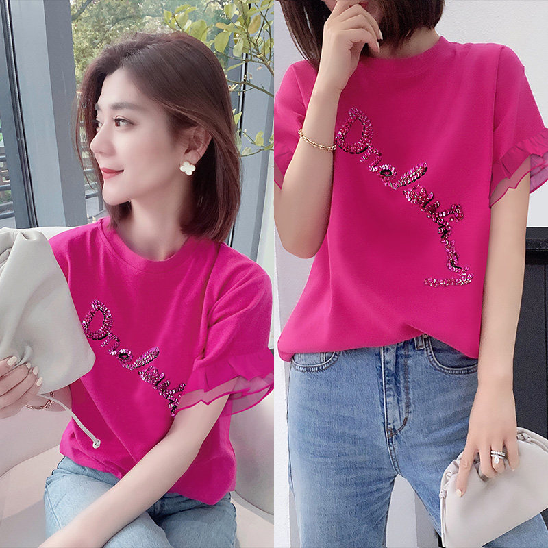 欧洲站2020年新款夏装欧货潮玫红色短袖t恤女宽松重工亮片t桖上衣