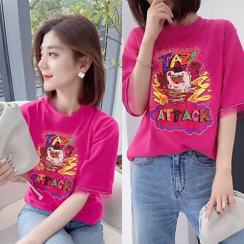 欧洲站2020新款夏装欧货高级感玫红色半袖短款t恤女韩版宽松印花