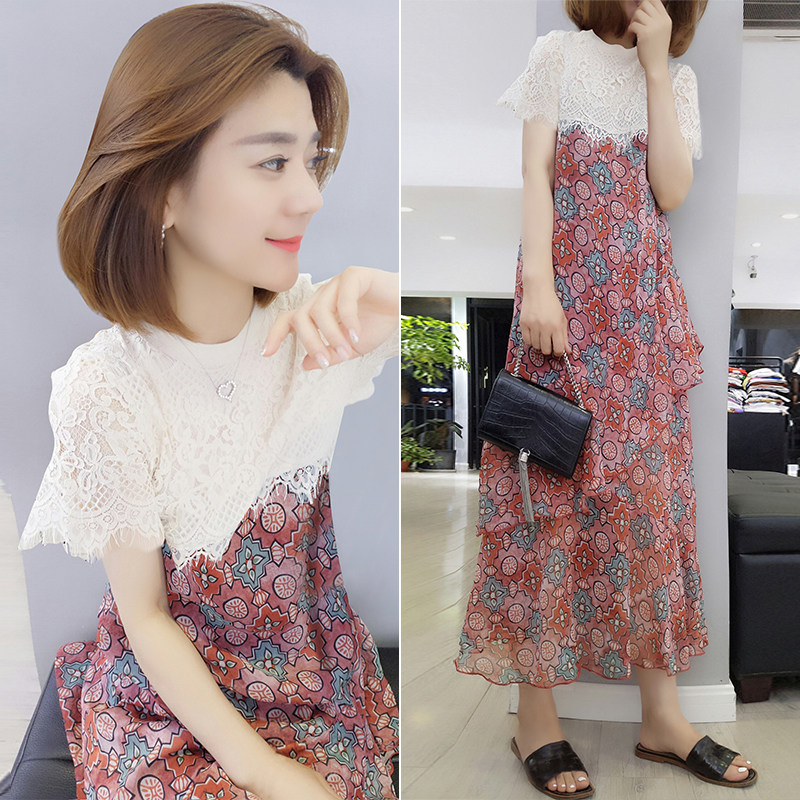 碎花连衣裙2020新款夏装欧洲站女装过膝中长裙子蕾丝拼接雪纺长裙