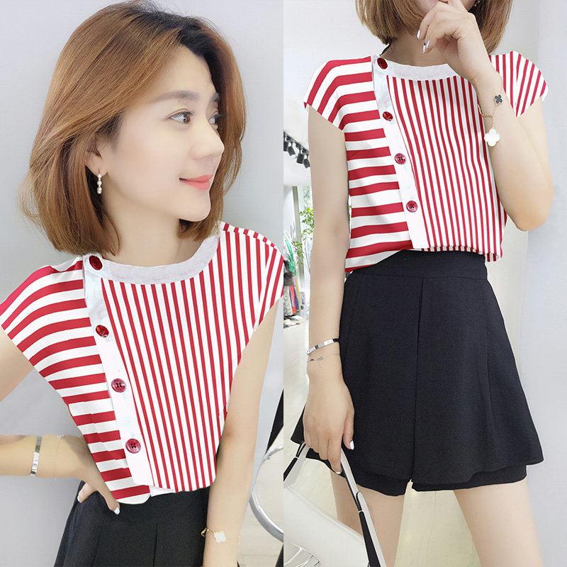 欧洲站2020新款夏装欧货时尚拼接红色条纹t恤女短袖短款气质上衣