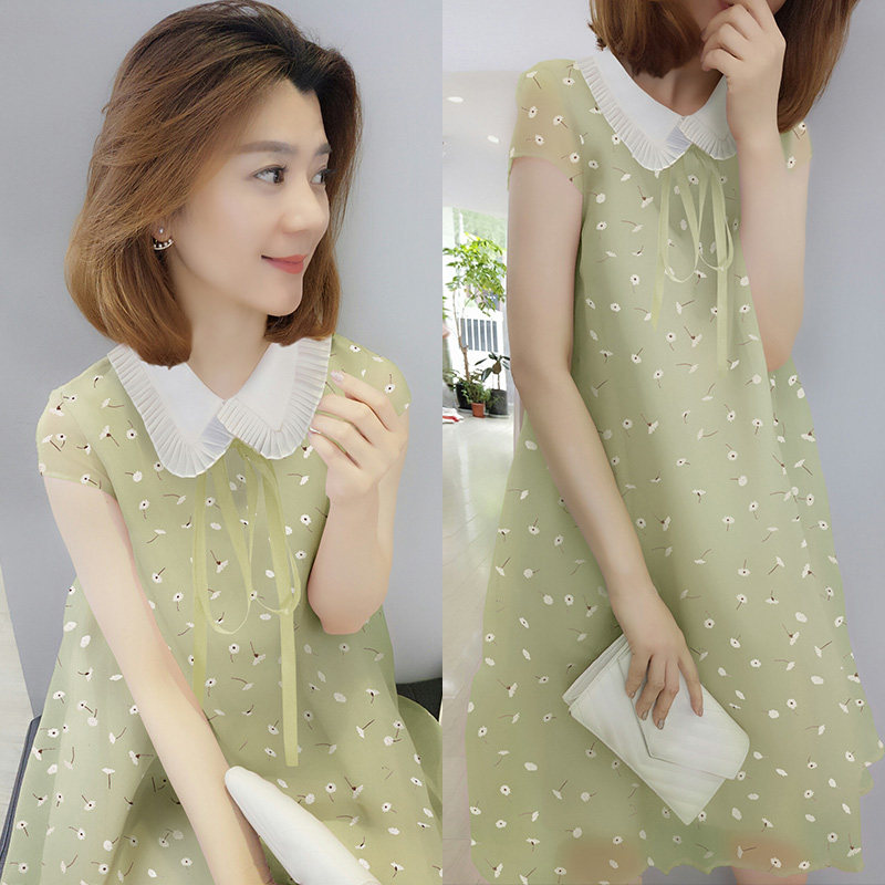 牛油果绿连衣裙2020新款夏欧洲站女碎花流行裙子甜美娃娃领仙女裙