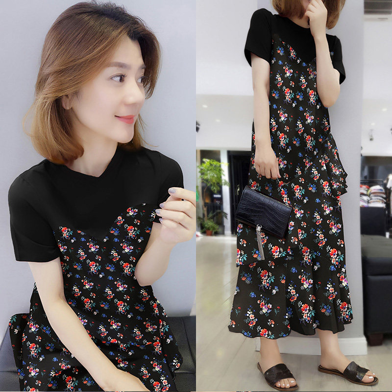 欧洲站女装2020新款夏装欧货拼接气质显瘦长裙黑色碎花雪纺连衣裙