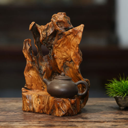 新中式侘寂风化实枯木摆件壶承呈