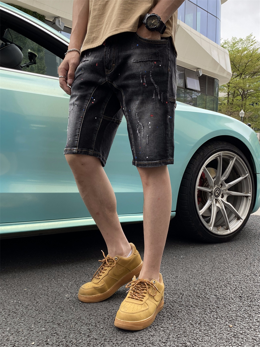 夏季牛仔短裤男款修身五分裤潮牌中裤5分马裤黑灰个性泼墨潮J1017