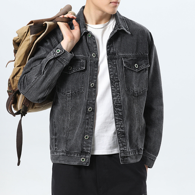 秋冬新款休闲牛仔夹克黑灰高端简约修身黑牛水洗美式外套机车夹克