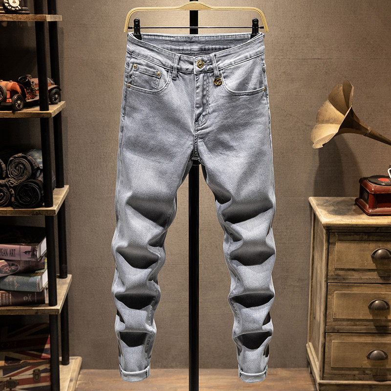 春夏薄款牛仔裤男款修身小脚潮牌时尚百搭青年弹力长裤微哈伦烟灰