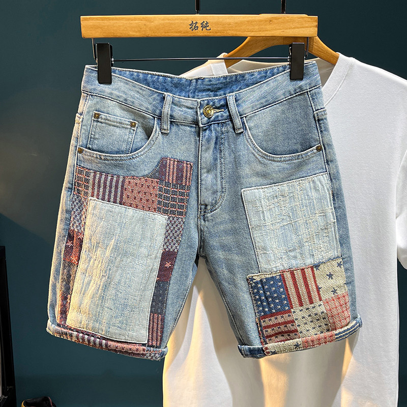 2026年男款夏季牛仔美式工装短裤休闲中裤弹力五分裤百搭补丁乞丐