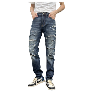 美式复古破洞牛仔裤男深蓝新款潮牌休闲弹力修身小脚乞丐裤子秋冬
