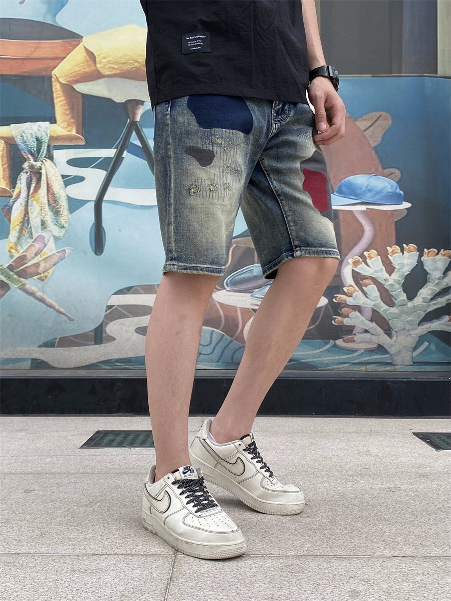 夏季薄款牛仔短裤男款修身五分裤中裤5分马裤刺绣复古怀旧潮J1012