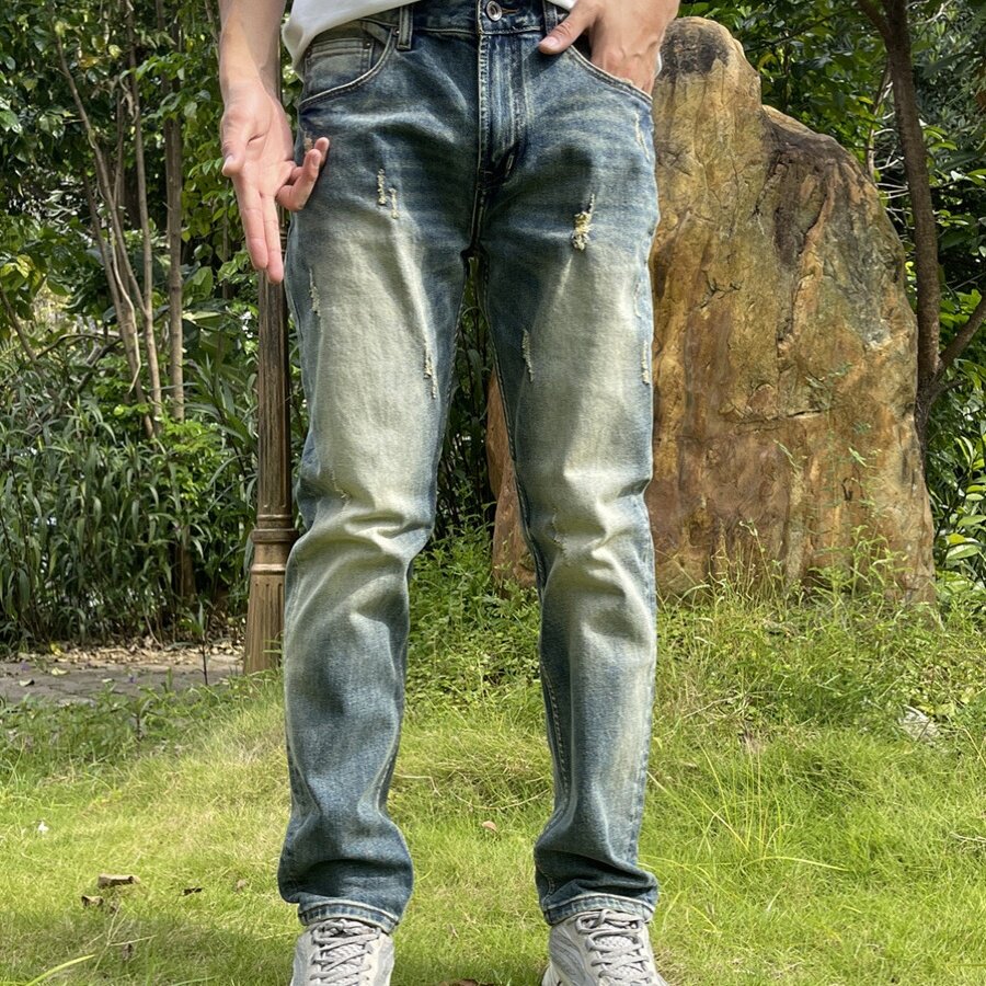 美式复古潮牌牛仔裤男春秋新款刮烂长裤修身直筒裤子怀旧做旧时尚