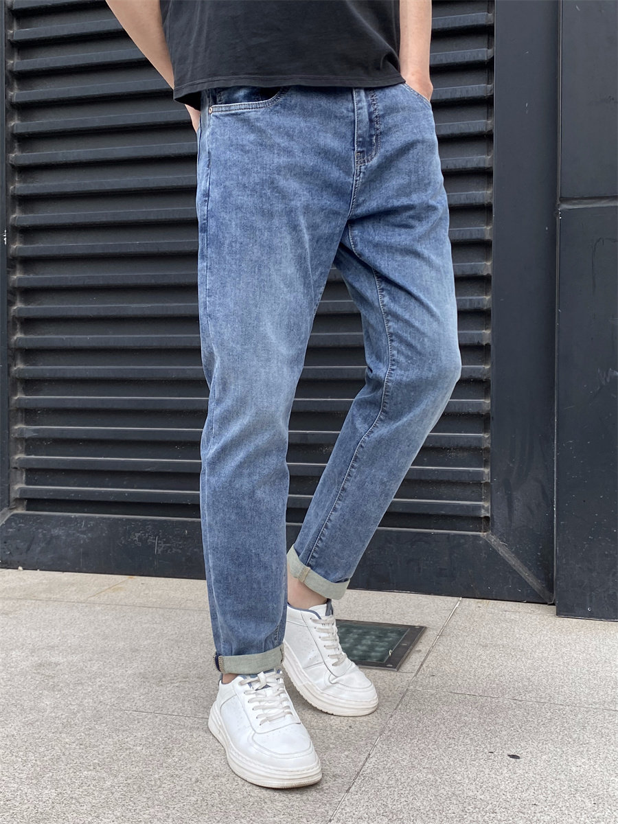春夏薄款牛仔裤男款修身小脚百搭弹力长裤子时尚帅气百搭潮牌蓝色