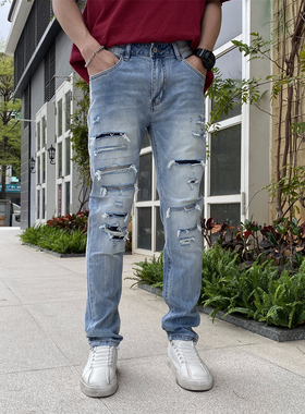 秋冬牛仔裤男款修身小直筒弹力休闲长裤子青年百搭蓝色破洞NS106