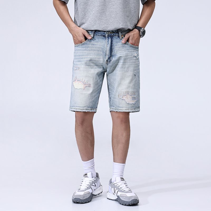 2026夏季新款浅色水洗刮烂牛仔短裤男修身直筒中裤美式破洞五分5