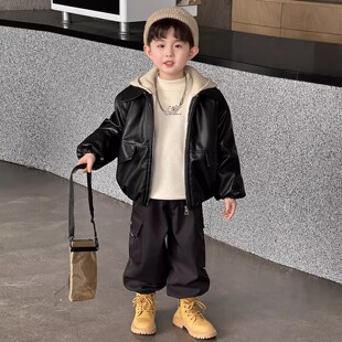 NEXT JANSO男童加绒连帽皮衣冬季2025新款痞帅小少爷加厚夹克外套