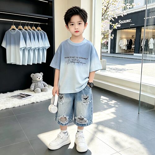 男童夏季短袖破洞牛仔两件套潮