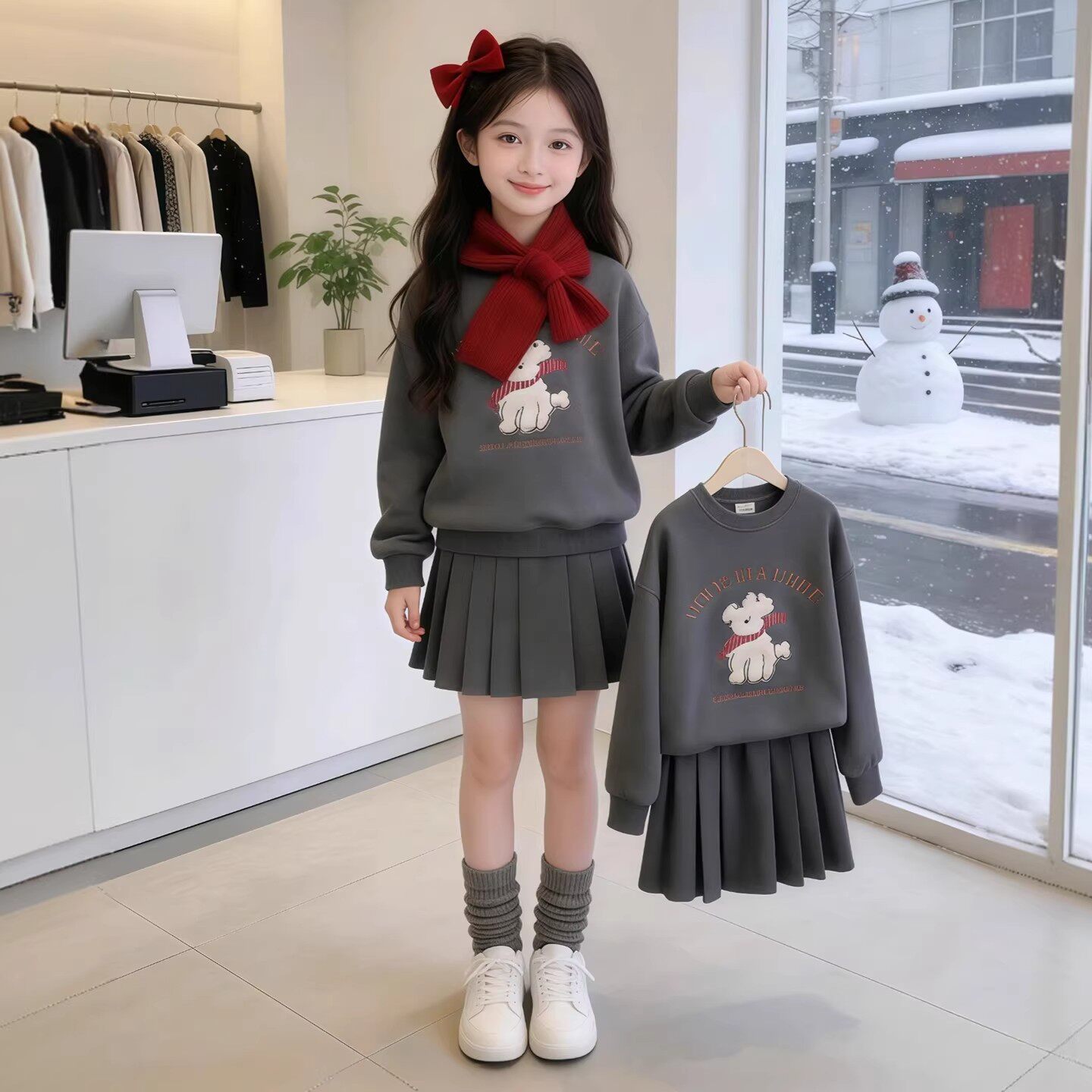 NEXT JANSO女童加绒套装冬季26新款女孩加厚卫衣洋气百褶裙两件套