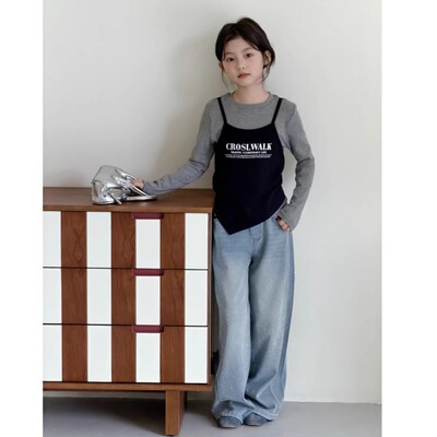 女童假两件长袖T恤春2026新款