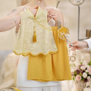 NEXT JANSO女童国风套装夏季2026新款洋气提花盘扣马甲背心两件套