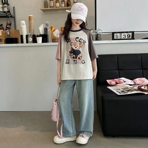 女童纯棉T恤牛仔裤两件套夏装