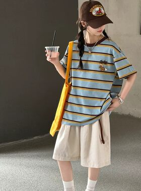 女童夏季韩版条纹T恤短裤套装
