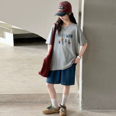 女童夏季韩版T恤牛仔短裤套装