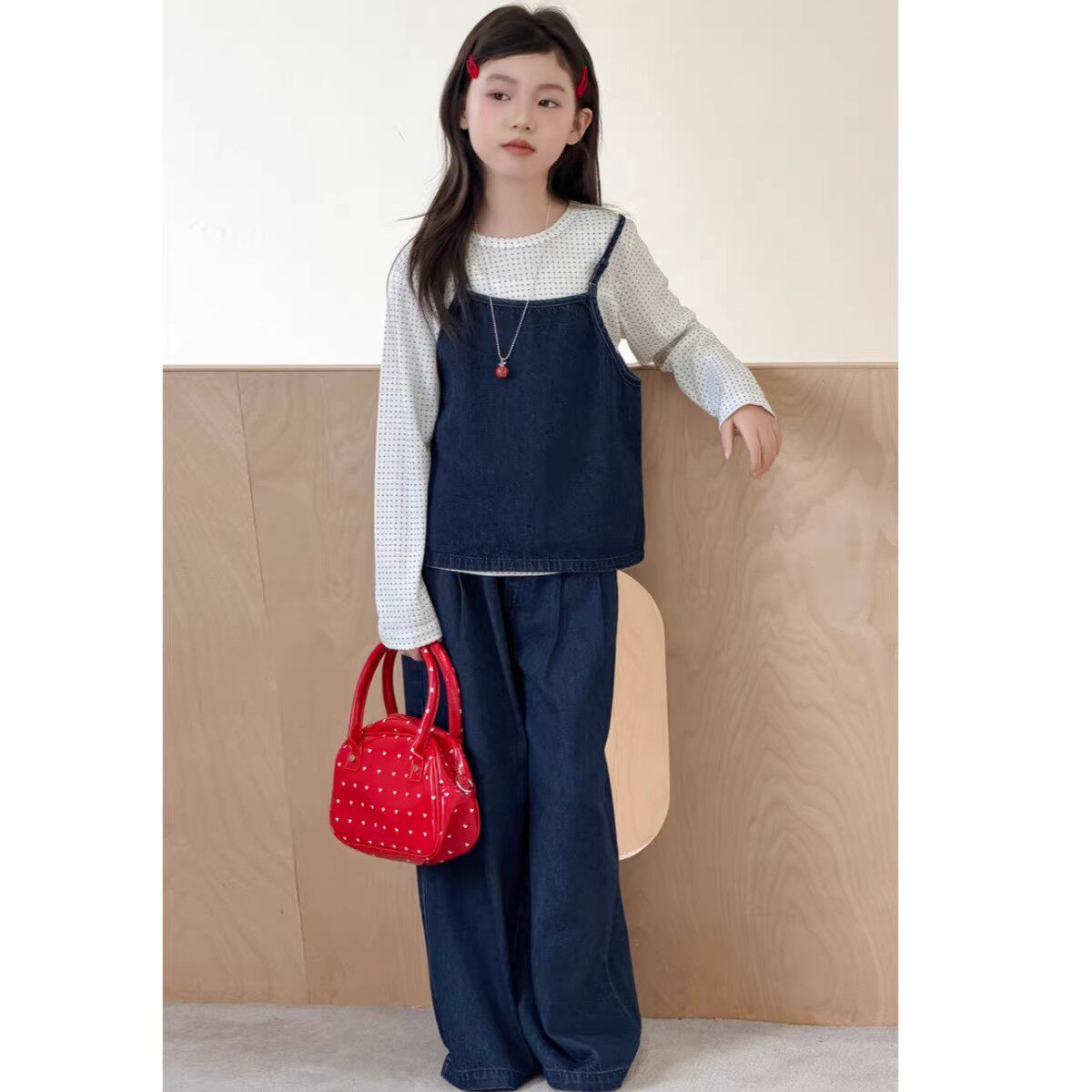 NEXT JANSO女童春装2026新款中大童洋气镂空 T恤吊带背心牛仔裤潮