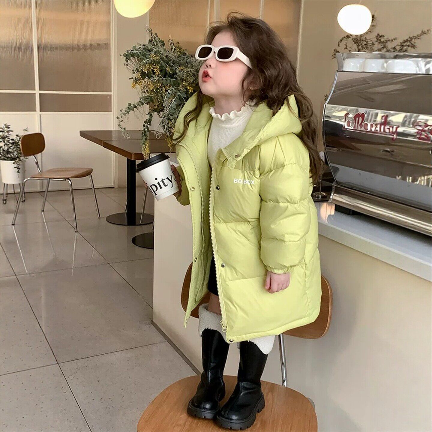 VYEO女童冬装羽绒服2026新款中长款加厚白鸭绒洋气小女孩连帽外套