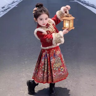 NEXT JANSO女童汉服冬季2025新款新中式国风女大童加绒马面裙套装