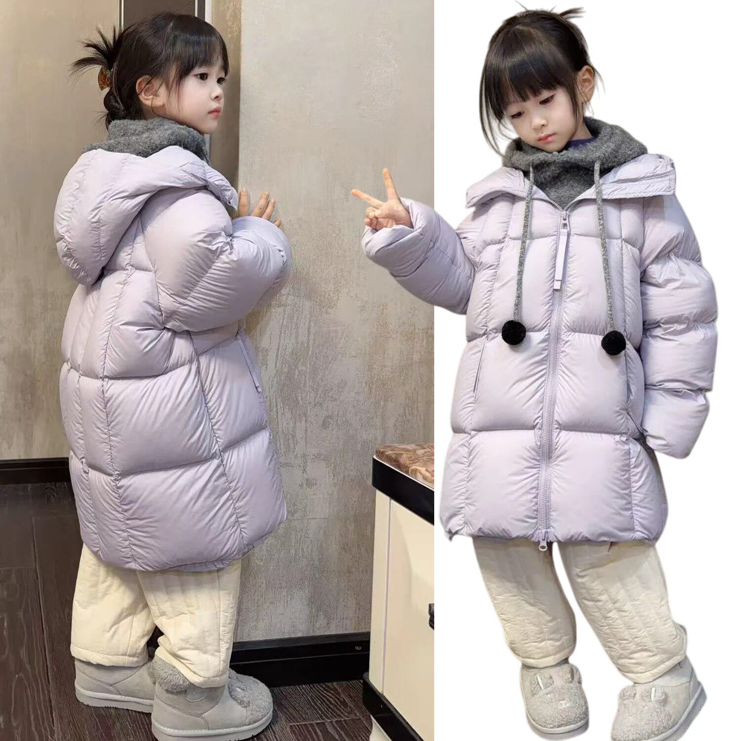VYEO女童冬季羽绒服2026新款儿童泡芙云朵连帽90白鸭绒中长款外套