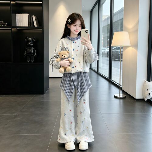 VYEO女童春秋花边领格子两件套