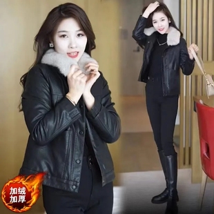 2025年秋冬季 加绒加厚皮衣短外套女时髦洋气带毛领小个子皮衣 新款