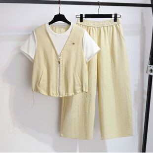 假两件短袖九分裤套装女2026夏季新款小个子拼色上衣阔腿裤两件套