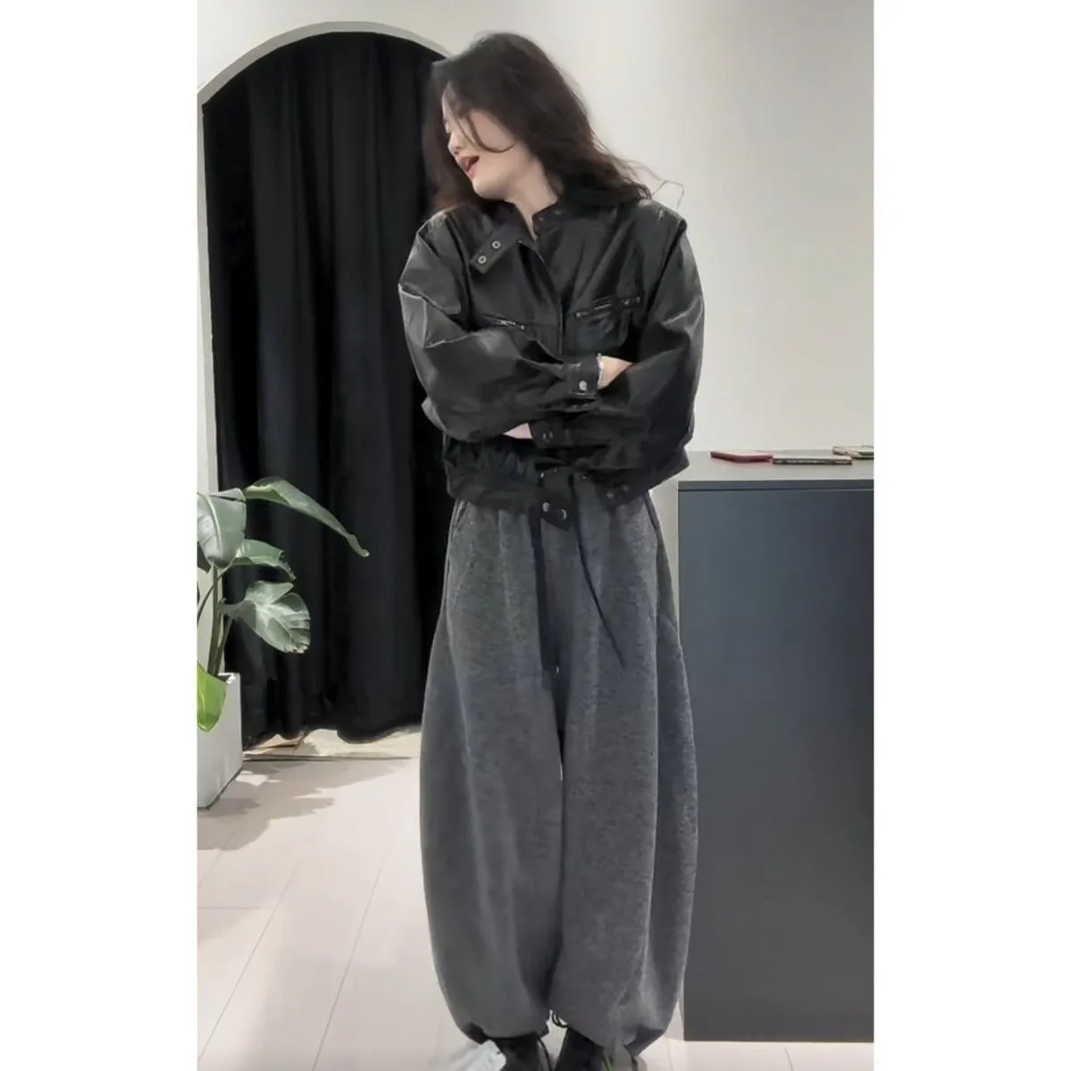 皮衣外套休闲阔腿裤高级感套装