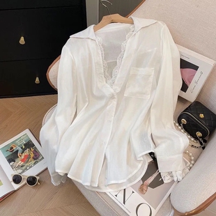 上衣女春秋 宽松衬衫 2026简约风高级感白色假两件蕾丝拼接西装 长袖