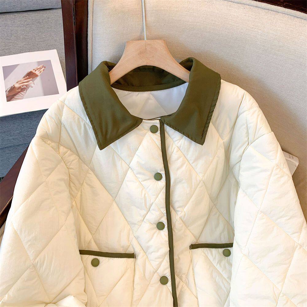 小香风时尚撞色菱格翻领棉服外套女秋冬新款ins韩版宽松百搭棉衣,女装/女士精品,棉衣/棉服,淘宝优惠券,粉丝福利购,淘宝优惠卷