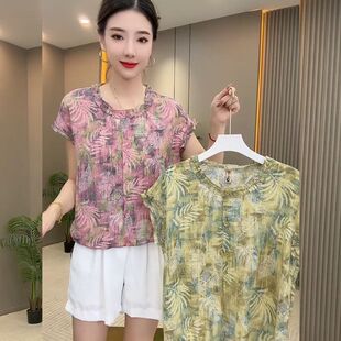 网红款木耳领时尚花色短袖雪纺衫女宽松显瘦遮肚优雅气质小衫上衣