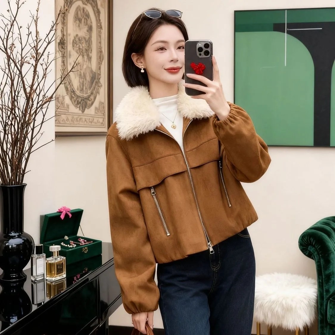 高端时尚鹿皮绒短外套女秋冬款韩版气质超好看百搭机车服夹克上衣