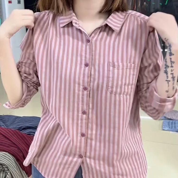 2025春夏薄款复古文艺细条纹长袖妈妈衬衫宽松时尚百搭减龄上衣女