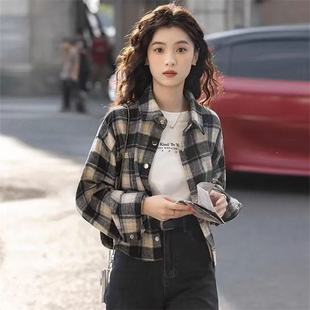 美式开衫格子衬衫外套女春秋2025新款春季设计感宽松女士短款上衣