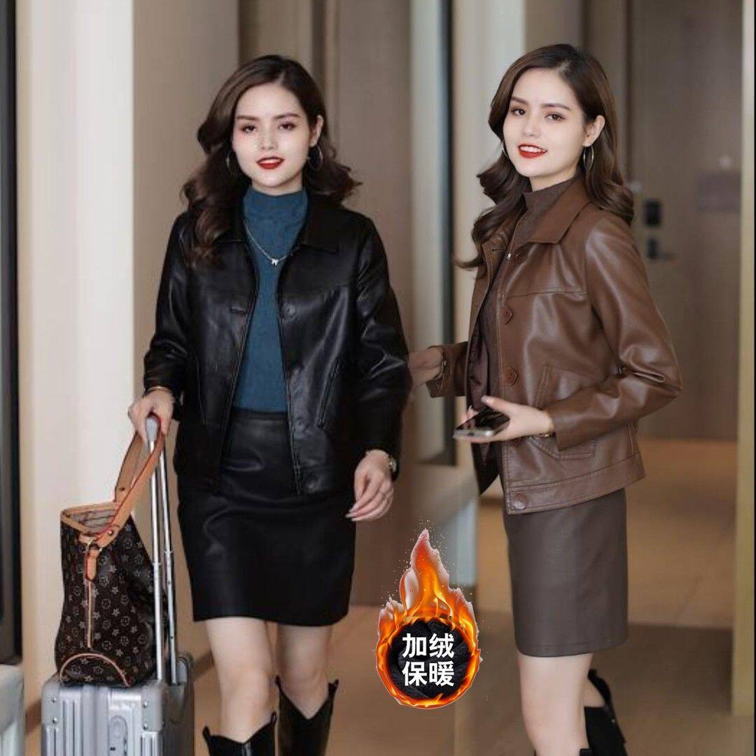 洋气减龄新款海宁春秋冬加绒皮衣皮夹克短款修身加棉皮外套女夹克