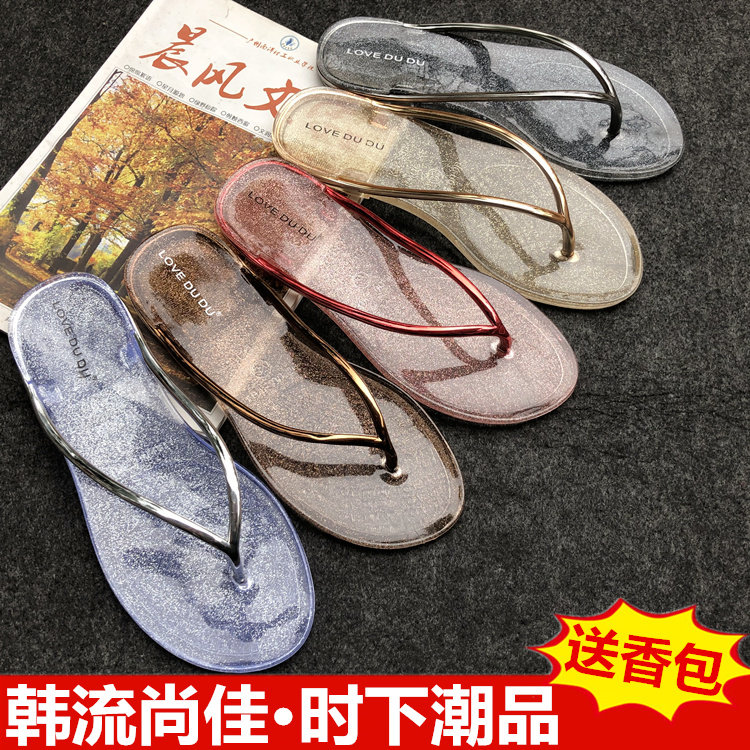 韩版人字拖鞋水晶透明女士防滑防水室内外沙滩浴室潮流平底夏秋季