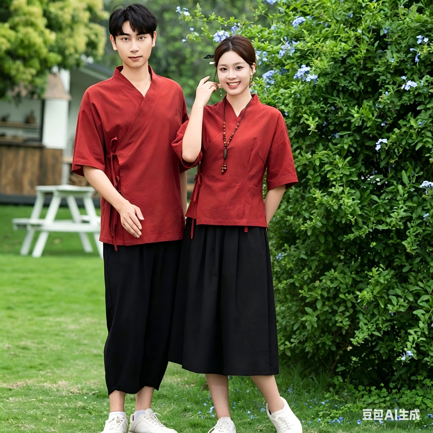 中式改良汉服斜襟短袖茶服套装