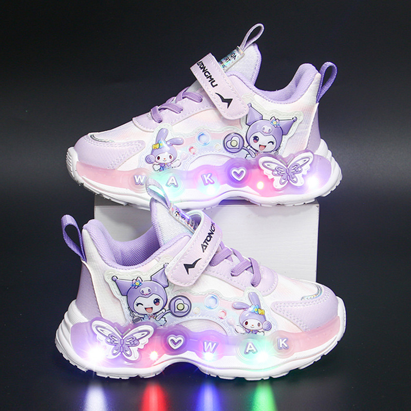 3秋冬款儿童鞋子女孩发光5带灯4库洛米皮面女童运动鞋女宝公主6岁