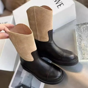 真皮厚底增高马丁靴女英伦风百搭中筒骑士靴休闲鞋 欧货2025新款 女