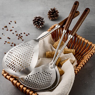 316L不锈钢漏勺家用胡桃木厨房捞面饺子勺油炸过滤漏勺大中小号